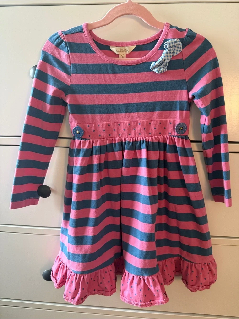 Matilda Jane Pink & Navy Striped Long-Sleeve Dress with Removable Yellow Apron